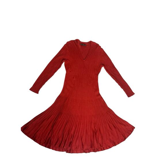 Peruvian Connection Pima Cotton Red Ribbed Long SLV Knit Fit Flare Midi Dress Lg - Picture 2 of 10